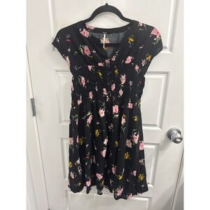 Free People Floral Smocked Mini Dress Black Pink Yellow Boho Cap Sleeve Small